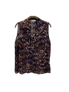 Tahari Ruffled Sleeveless Blouse sz PL Brown Purple Sheer Abstract Artsy Career